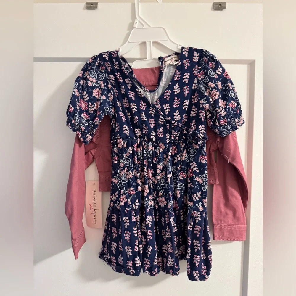 Nanette Lepore Girls 2 Piece Faux Wrap Dress and Pink Jean Jacket - Picture 3 of 5